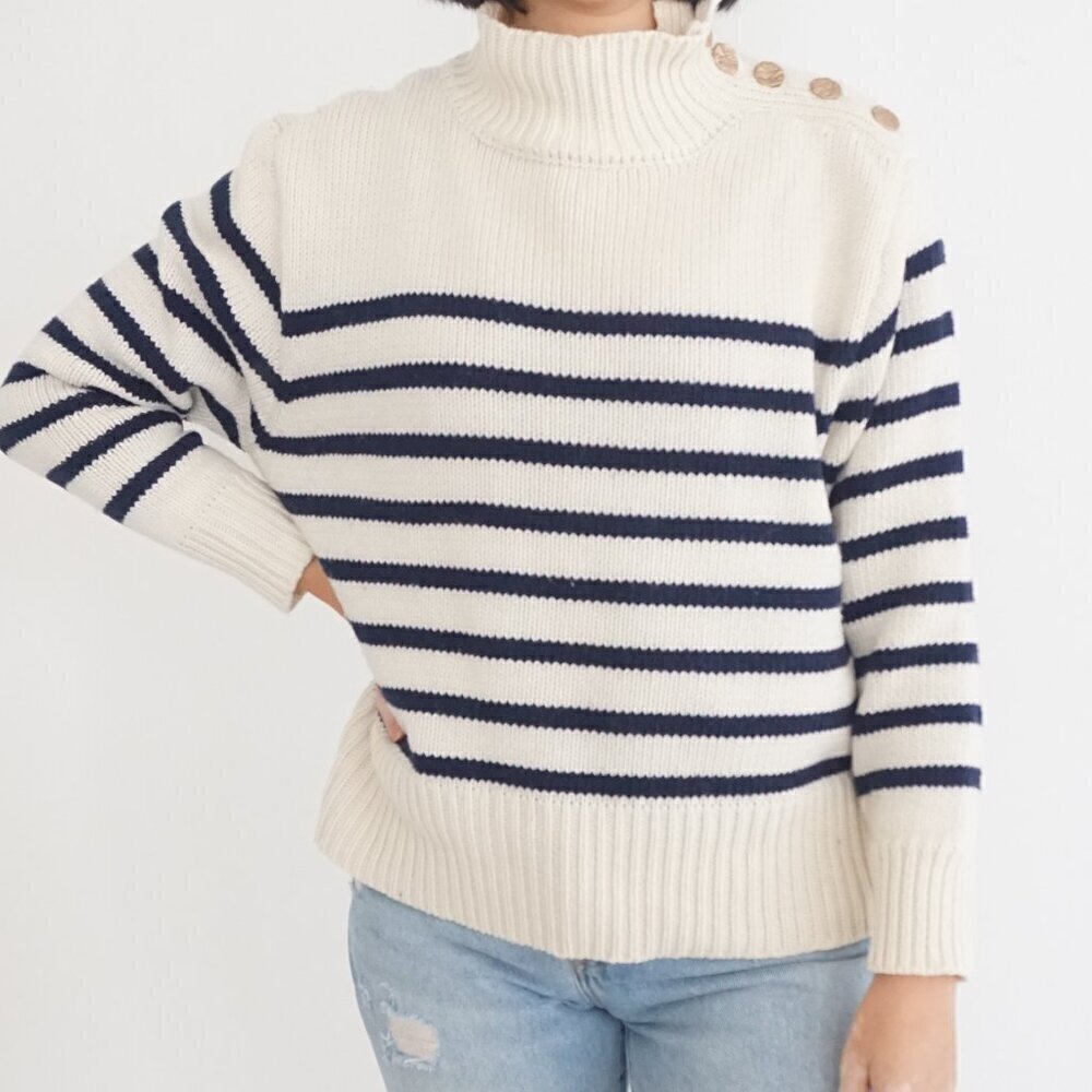 Zora Vichy Collection Cream w Navy Stripe Knit Ribbed Mockneck Sweater S